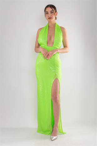 5039 Çapraz Kalın Askı Pulpayet Uzun Elbise