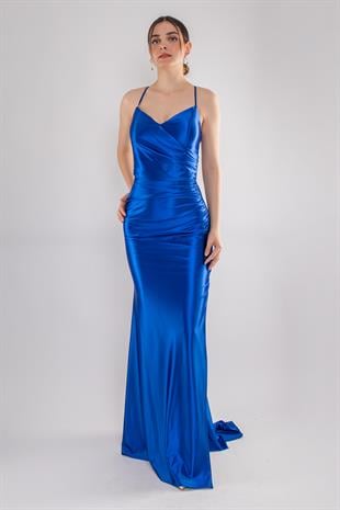 5040 Sırt Dekolte İpli Balık Model Uzun Saten Elbise