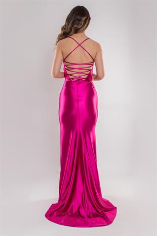 5040 Sırt Dekolte İpli Balık Model Uzun Saten Elbise