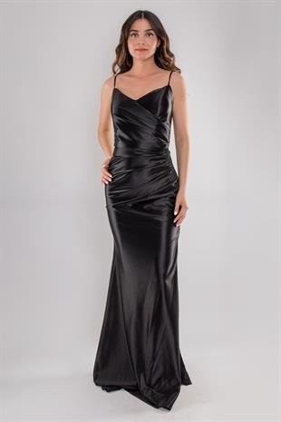 5040 Sırt Dekolte İpli Balık Model Uzun Saten Elbise