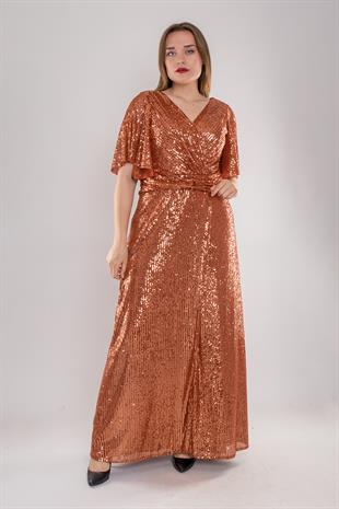 5041 Büyük Beden Derin V Yaka Pulpayet İşli Uzun Elbise