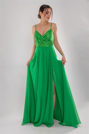 5045 İp Askı Göğüs Payet İşli Kristal Şifon Uzun Kloş Elbise