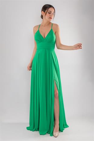 5046 Arkası Çapraz İpli Şifon Kloş Uzun Elbise