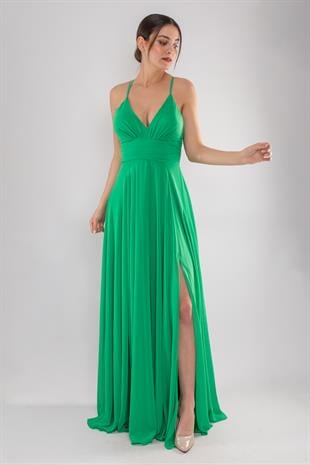 5046 Arkası Çapraz İpli Şifon Kloş Uzun Elbise