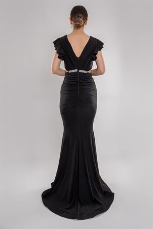 5047 Likralı Kristal Buzi Beli Taşlı Eteği Drape Uzun Elbise