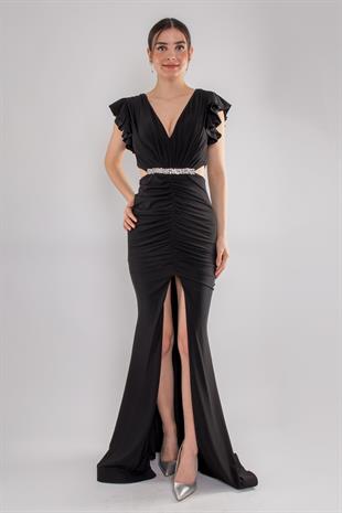 5047 Likralı Kristal Buzi Beli Taşlı Eteği Drape Uzun Elbise