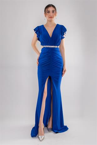 5047 Likralı Kristal Buzi Beli Taşlı Eteği Drape Uzun Elbise