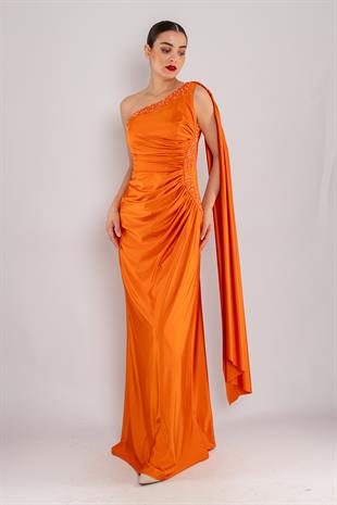 505 Tek Omuz Beli Drape Kristal Buzi Uzun Elbise