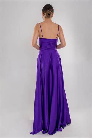 5059 İp Askılı Bel Taş Tokalı Kloş Saten Uzun Elbise