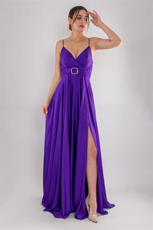 5059 İp Askılı Bel Taş Tokalı Kloş Saten Uzun Elbise