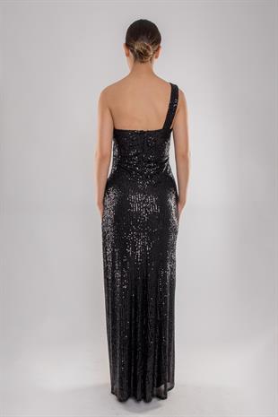 5061 İp Askı Kruvaze Yaka Beli Drape Pulpayet Uzun Elbise