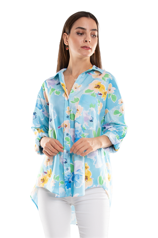 50614 Truvakar Kol Katlamalı Çiçek Desen Gömlek