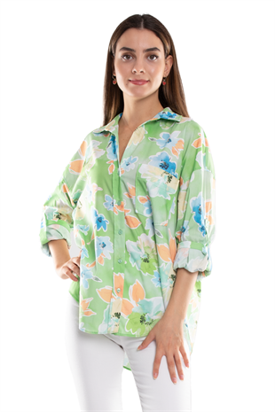 50614 Truvakar Kol Katlamalı Çiçek Desen Gömlek