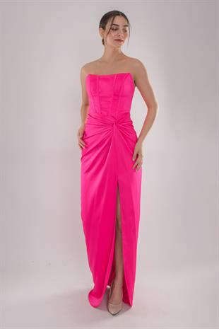 5062 Straplez Göğüs Balen Önü Büzgülü Uzun Saten Elbise