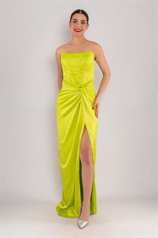 5062 Straplez Göğüs Balen Önü Büzgülü Uzun Saten Elbise