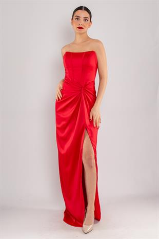 5062 Straplez Göğüs Balen Önü Büzgülü Uzun Saten Elbise