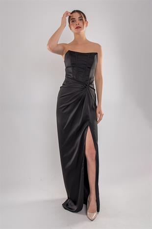 5062 Straplez Göğüs Balen Önü Büzgülü Uzun Saten Elbise