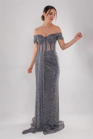 5063 Göğüs Balenli Yırtmaçlı Taşlı Uzun Elbise