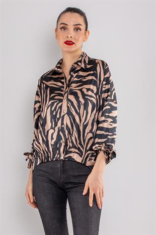 50630-4 Leopar Desen Kol Ucu Beli Bağcıklı Saten Bluz