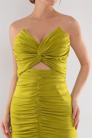 5064 Straplez Gögüs Dikyaka Önü Büzgülü Kristal Buzi Uzun Elbise