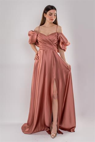 5077 Balon Kollu İpAskı Gögüs Drape Uzun Saten Elbise