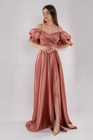 5077 Balon Kollu İpAskı Gögüs Drape Uzun Saten Elbise
