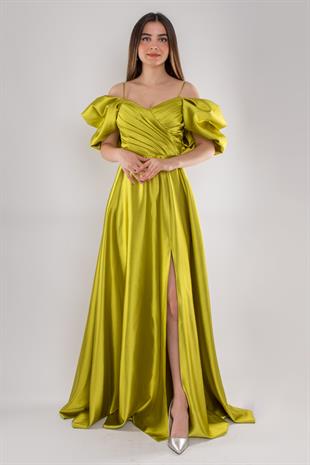 5077 Balon Kollu İpAskı Gögüs Drape Uzun Saten Elbise