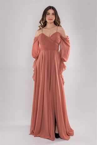 5081 Drapeli Uzun Kol Şifon Elbise