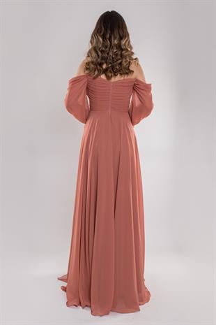 5081 Drapeli Uzun Kol Şifon Elbise