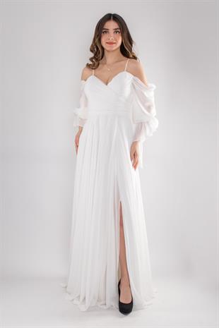 5081 Drapeli Uzun Kol Şifon Elbise