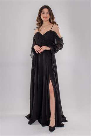 5081 Drapeli Uzun Kol Şifon Elbise