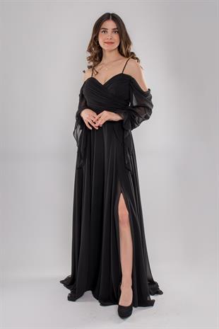 5081 Drapeli Uzun Kol Şifon Elbise