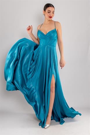 5083 İp Askı Beli Balen Laklı Kloş Uzun Elbise