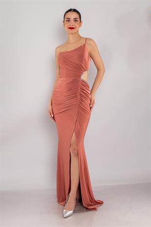 5088 Yanı Taşlı Pencereli Tek Omuz Buzi Uzun Elbise