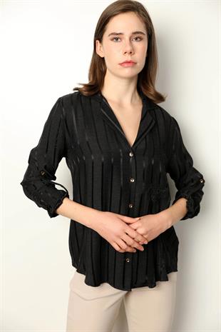 50970 Boncuk Nakışlı Kruvaze Yaka Çizgili Gömlek