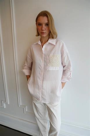 51014 Çift Cep Nakış Detay Çizgili Viscon Gömlek