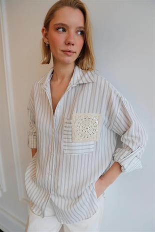 51014 Çift Cep Nakış Detay Çizgili Viscon Gömlek