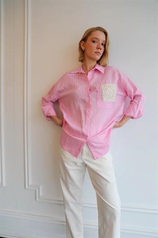 51014 Çift Cep Nakış Detay Çizgili Viscon Gömlek