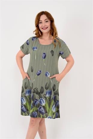 51017 Lale Desenm Pamuklu Kısa Elbise