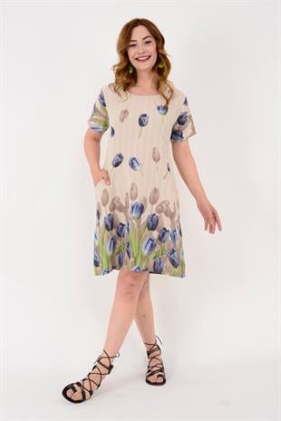 51017 Lale Desenm Pamuklu Kısa Elbise