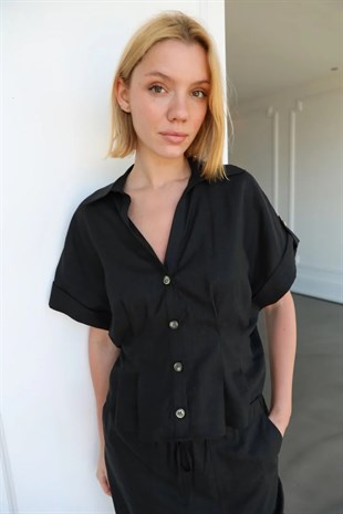 51043-71498 Yakalı Düşük Kol Gömlek Beli Lastikli Havuç Pantolon Keten Takım