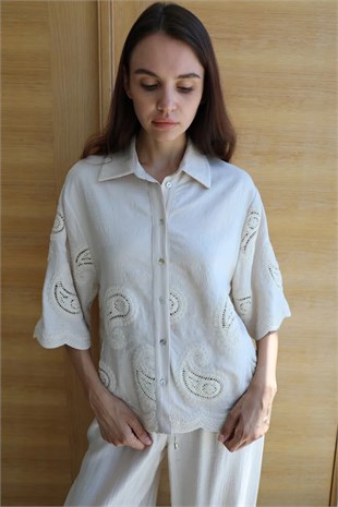 51048-71520 Dantel Nakışlı Tencel Gömlek Bol Paça Pantolon Takım