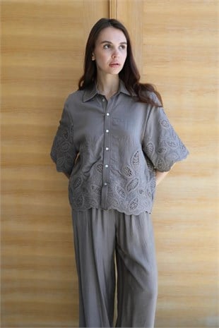 51048-71520 Dantel Nakışlı Tencel Gömlek Bol Paça Pantolon Takım