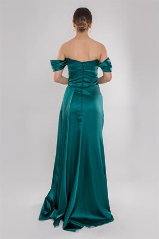 5107 Dik Yaka Göğüs Taşlı Drapeli Uzun Saten Elbise