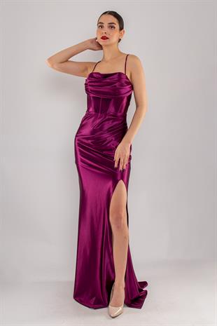 5118 İpAskı Degaje Yaka Balenli Örme Saten Uzun Elbise