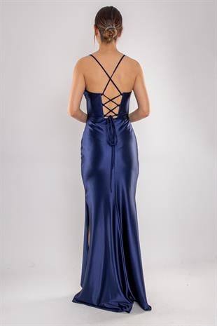 5118 İpAskı Degaje Yaka Balenli Örme Saten Uzun Elbise