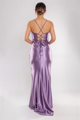 5118 İpAskı Degaje Yaka Balenli Örme Saten Uzun Elbise