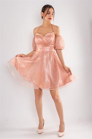 512 Boyundan Bağlamalı Takma Kol Simli Kısa Kloş Tül Elbise