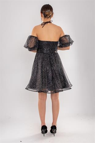 512 Boyundan Bağlamalı Takma Kol Simli Kısa Kloş Tül Elbise