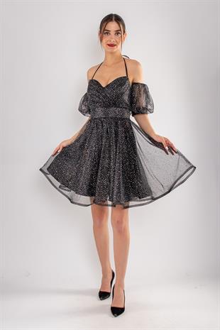 512 Boyundan Bağlamalı Takma Kol Simli Kısa Kloş Tül Elbise